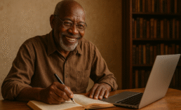 You are not too old to publish. picture of a Senior writing his first book, smiling and happy with how its going