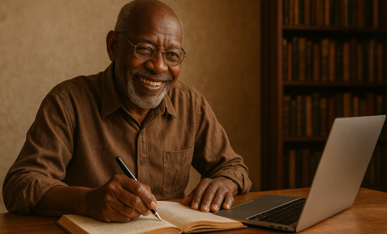 You are not too old to publish. picture of a Senior writing his first book, smiling and happy with how its going
