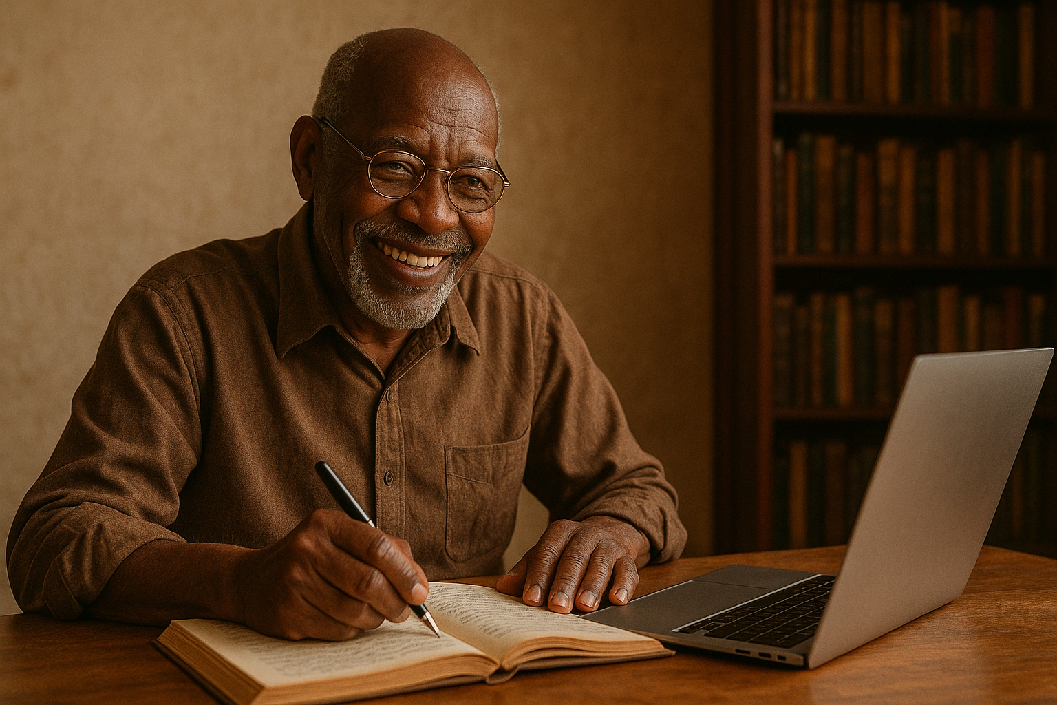 You are not too old to publish. picture of a Senior writing his first book, smiling and happy with how its going